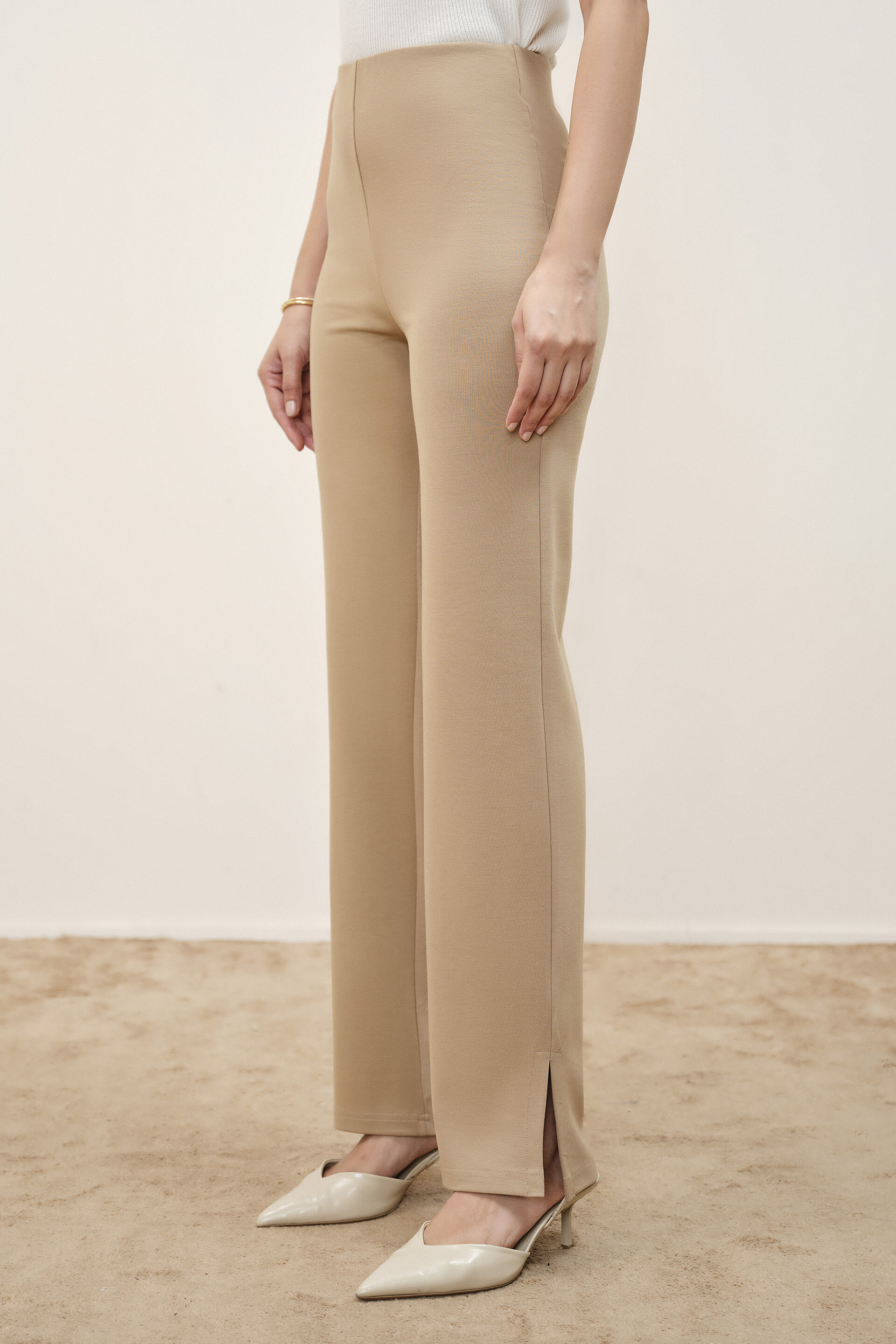 Beige High-Waist Bootcut Trousers, Beige, image 4